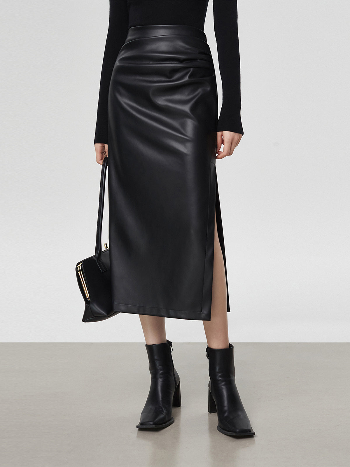 Faux Leather Ruched Slit Midi Skirt